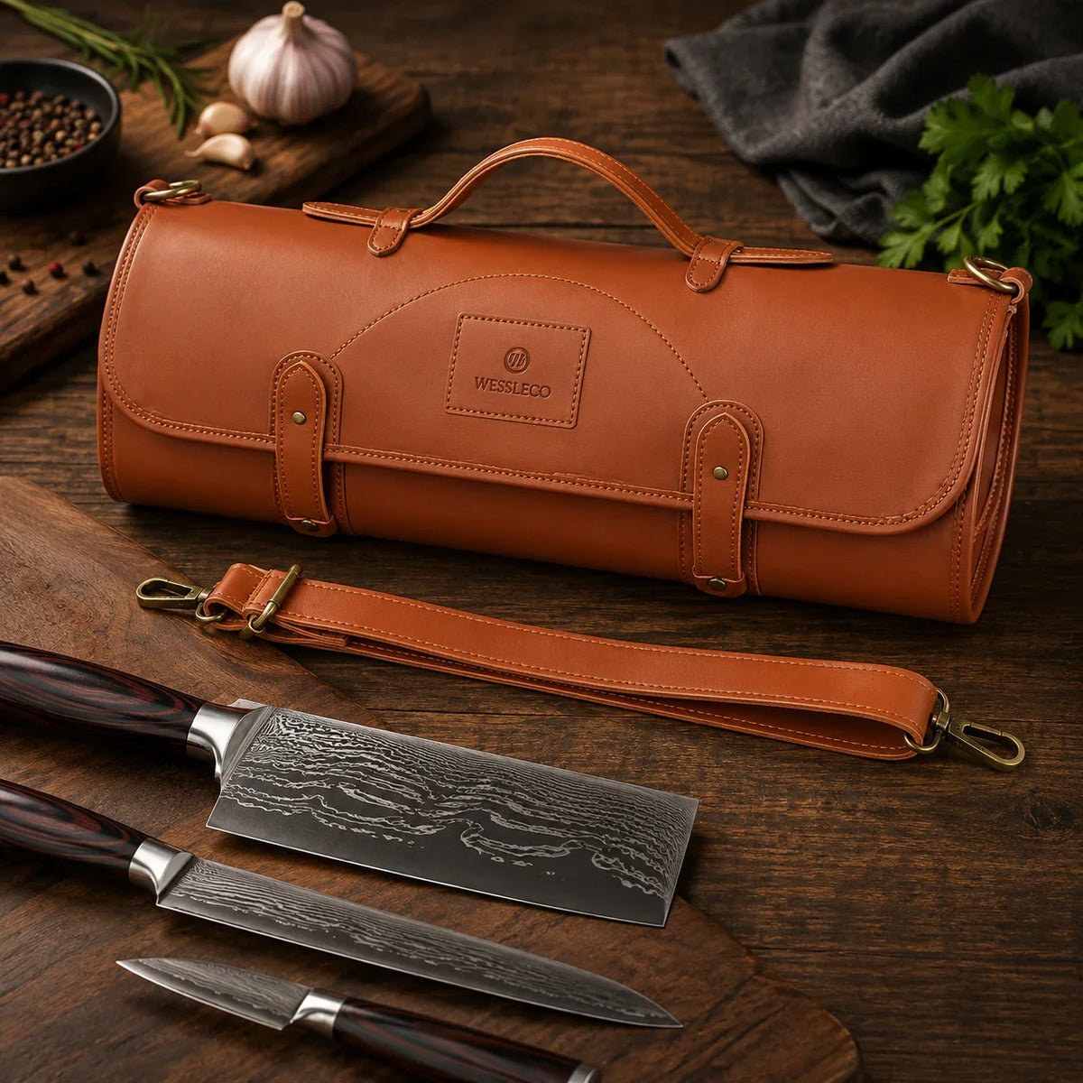 Brown leather knife roll with knives on a wooden surface