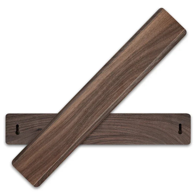 Walnut wood knife storage rack with wall mount holes, sleek kitchen organizer