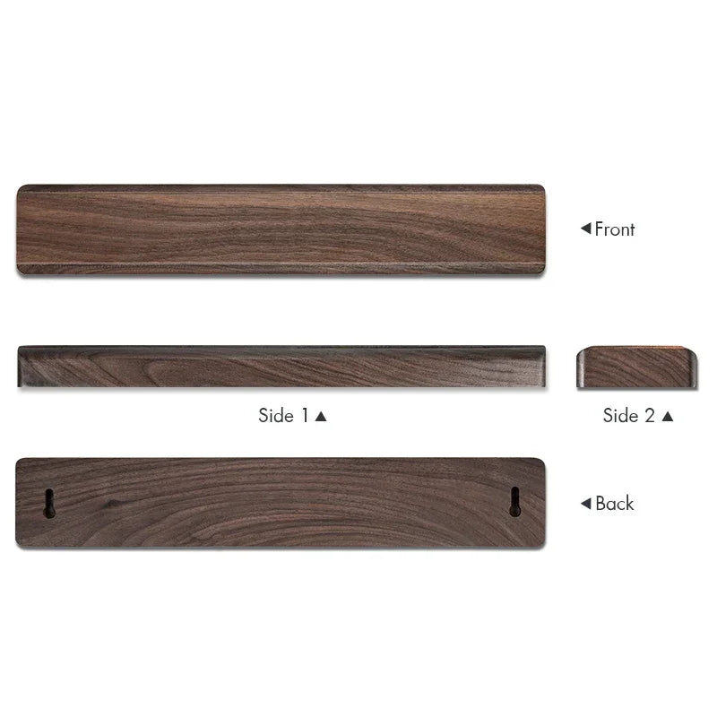 Walnut wood knife storage block with front, back, and side views shown