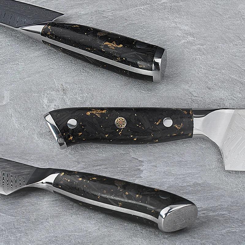 Premium kitchen knives with black and gold resin handles, Damascus steel blades, and ergonomic design