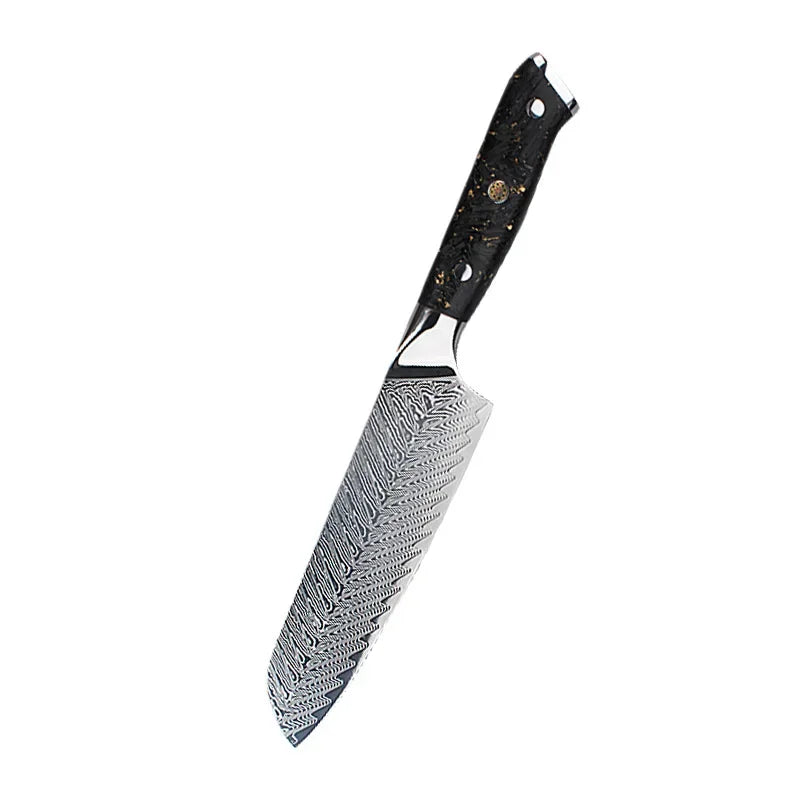 Damascus steel chef knife with black speckled handle, precision kitchen blade