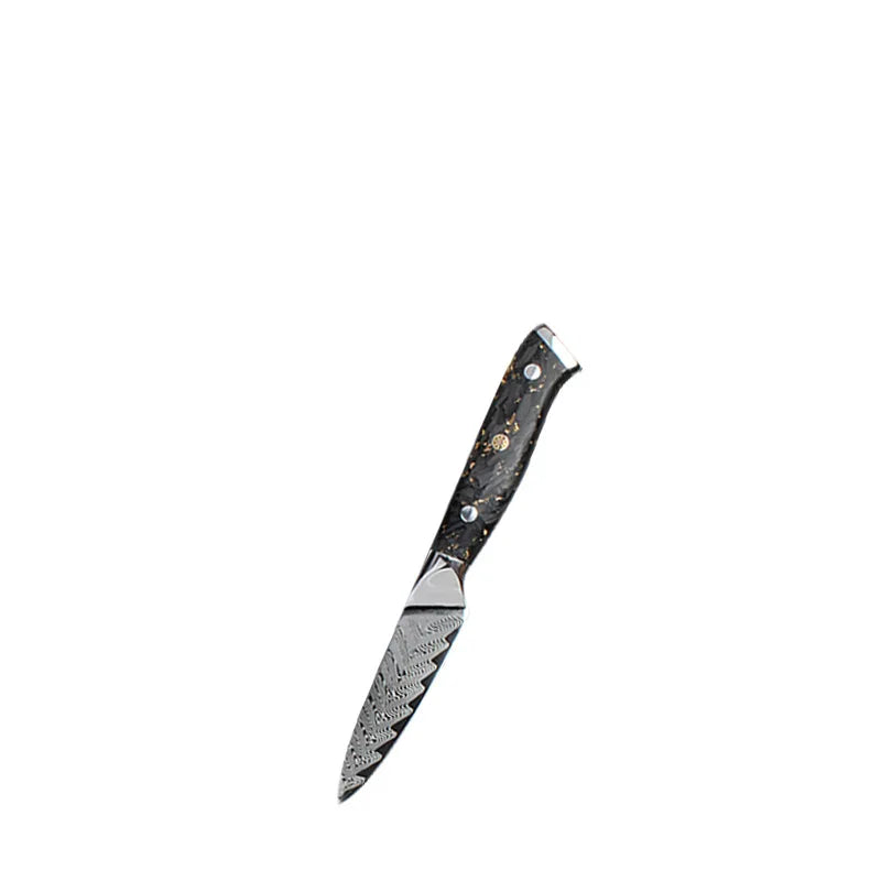 Precision kitchen knife with patterned Damascus steel blade and black speckled handle, ideal for slicing