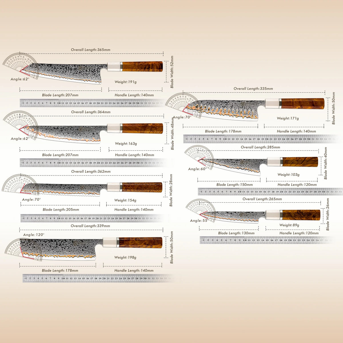 Precision kitchen knives with detailed specs: blade length, weight, angle, and overall dimensions for each model.