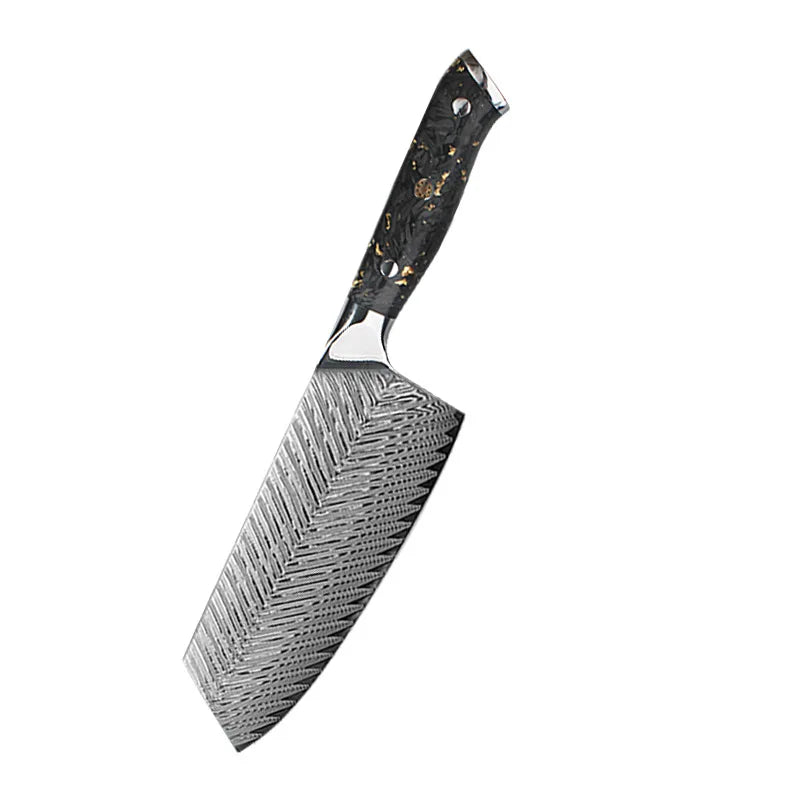 Damascus steel chef knife with black and gold speckled handle, precision kitchen blade