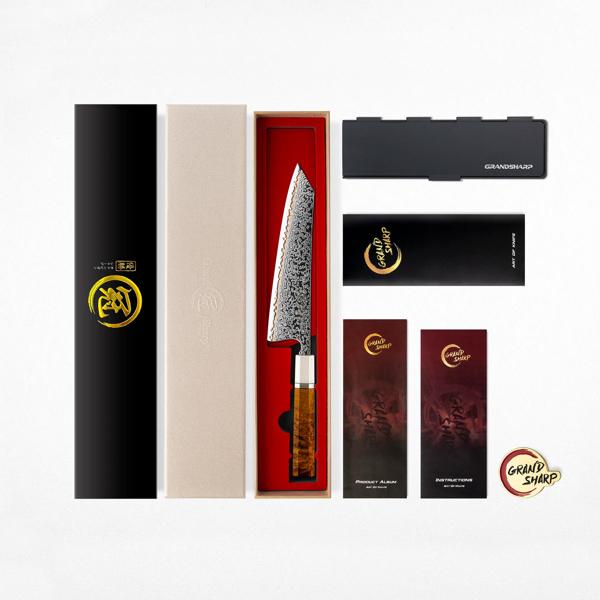 Damascus chef knife with wooden handle in luxury gift box, includes sheath, album, and Grand Sharp accessories