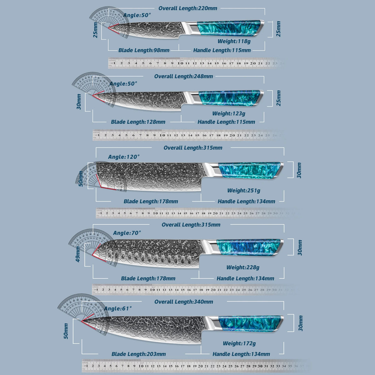 Precision kitchen knives with detailed specs: blade length, weight, angle. Ideal for chefs seeking sharp, balanced tools.