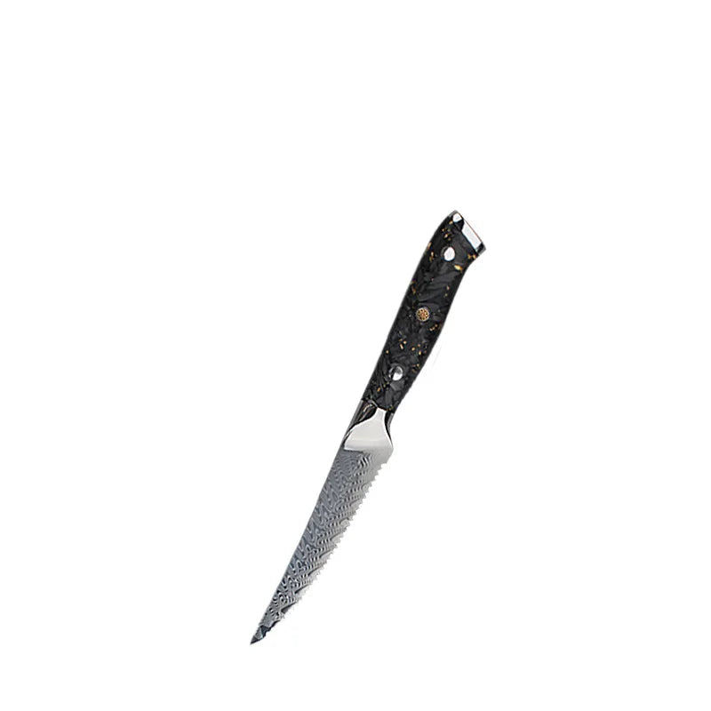 Damascus steel serrated kitchen knife with black textured handle, precision crafted for slicing