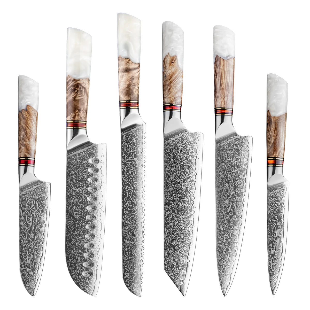 Set of six damascus kitchen knives with wood and resin handles, precision blades for professional use