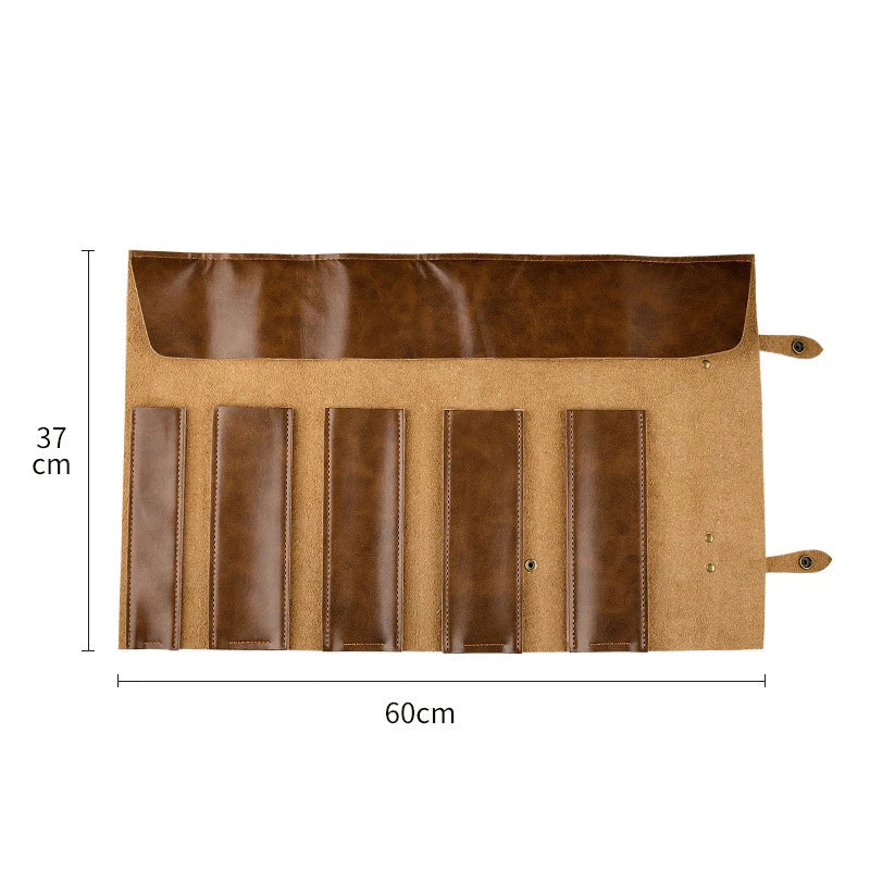 Brown leather knife roll with 5 slots, 60cm x 37cm, for kitchen knife storage and transport