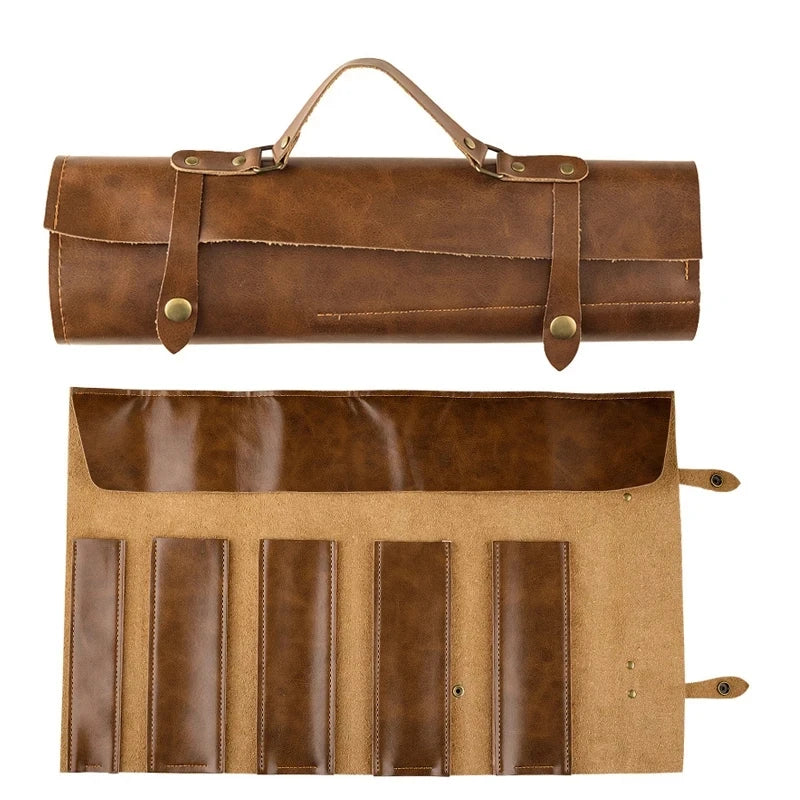 Brown leather knife roll with multiple slots, ideal for storing kitchen knives securely and stylishly.