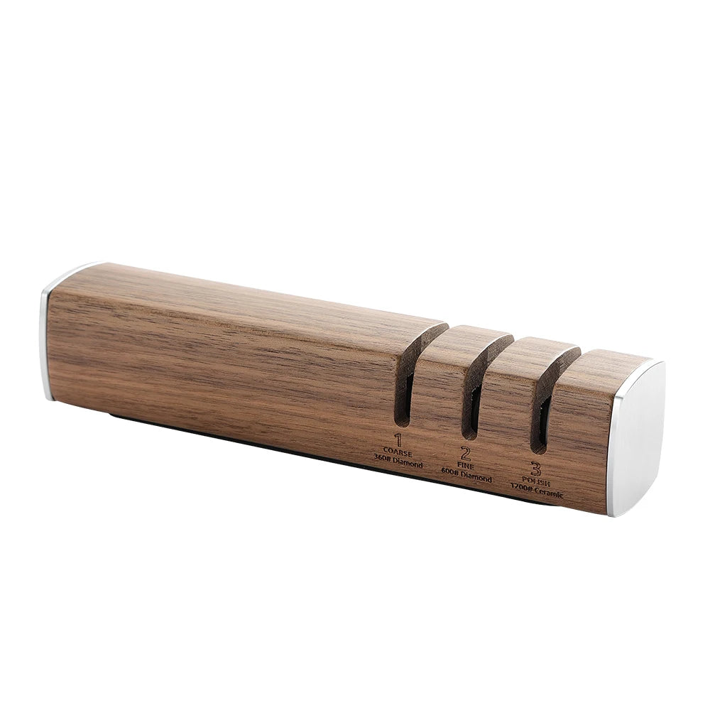 Wooden 3-stage knife sharpener with coarse, fine, and polish slots for precision sharpening