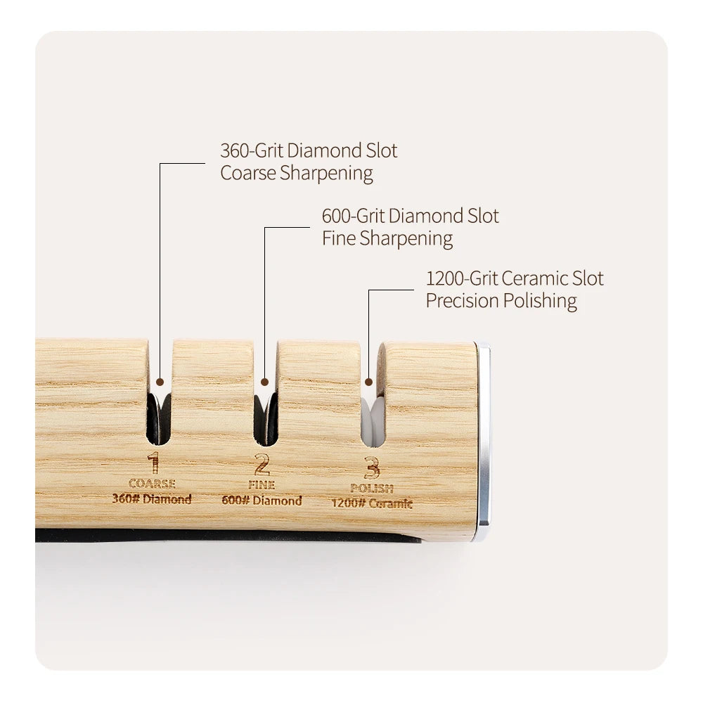 3-stage knife sharpener with 360/600-grit diamond & 1200-grit ceramic slots for coarse, fine, polish sharpening