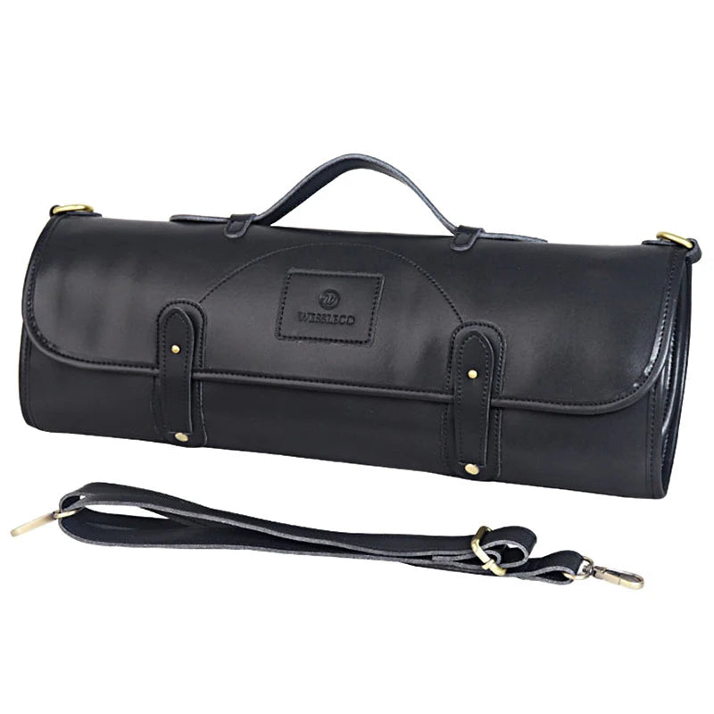 Black leather knife roll with shoulder strap, secure buckles, and brand patch for kitchen knife storage