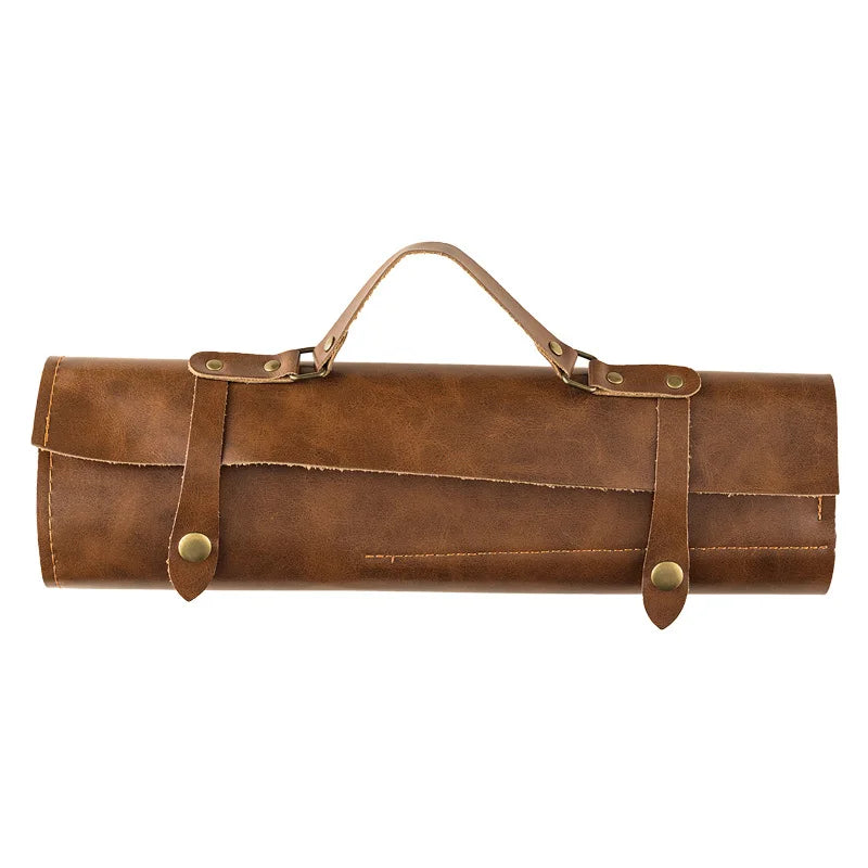 Brown leather knife roll with handle and brass rivets for kitchen knife storage