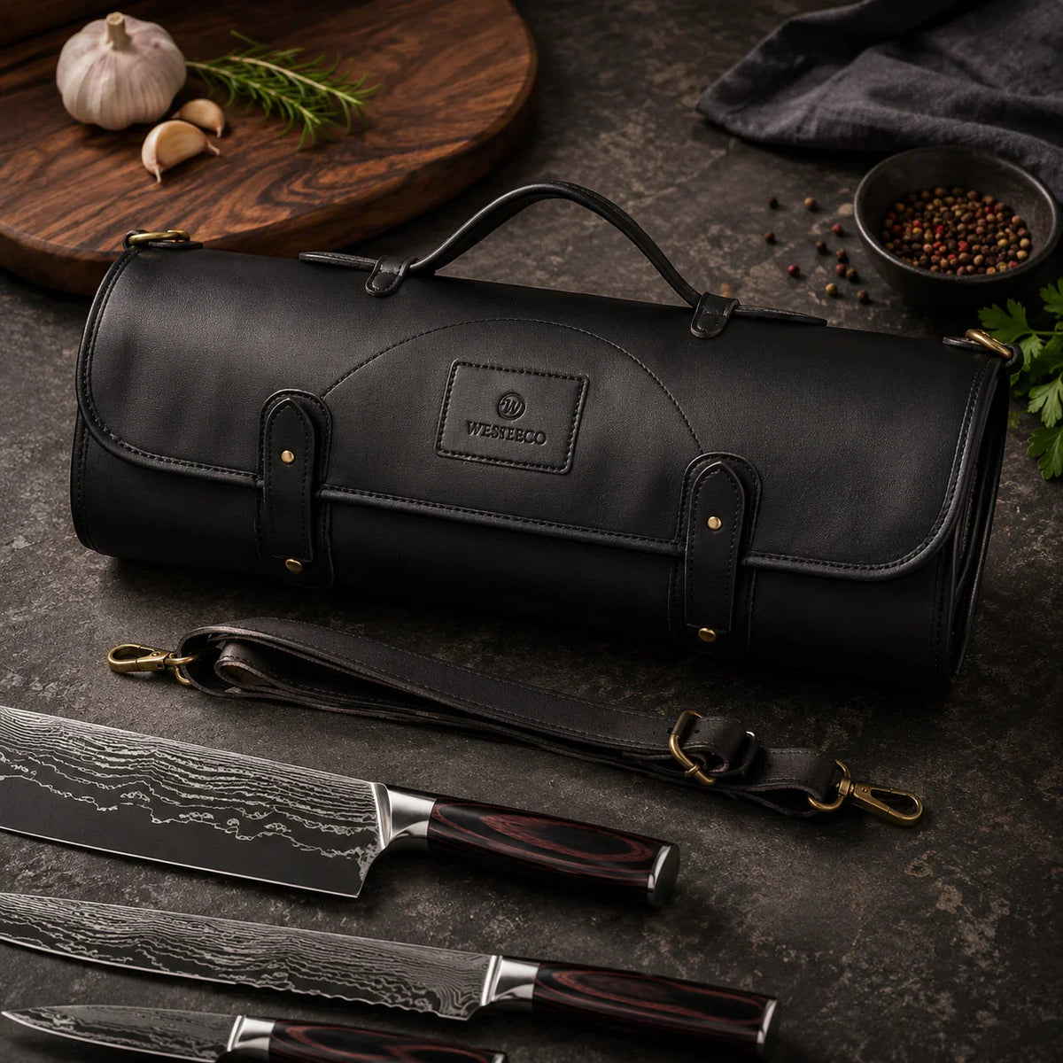Signature Leather Knife Roll - Black