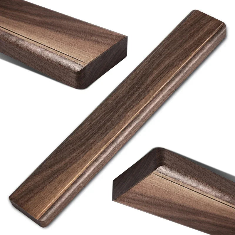 Dark walnut wood knife handle with smooth grain, ergonomic design for precision kitchen knives