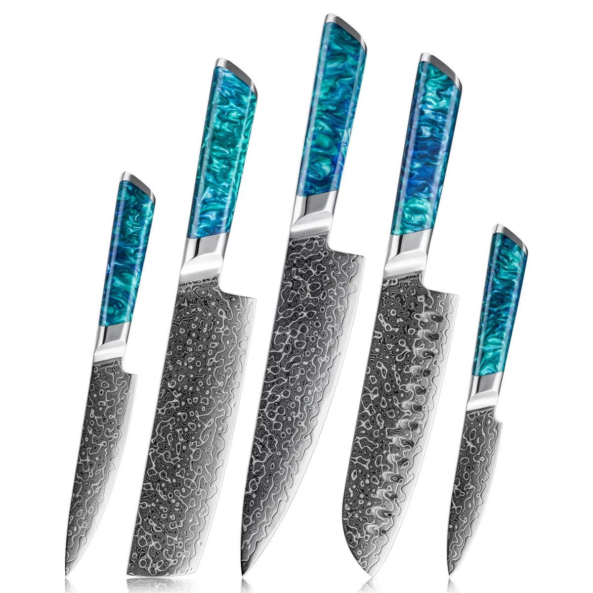 Damascus steel kitchen knives with blue marbled handles, precision crafted for sharp, balanced cutting