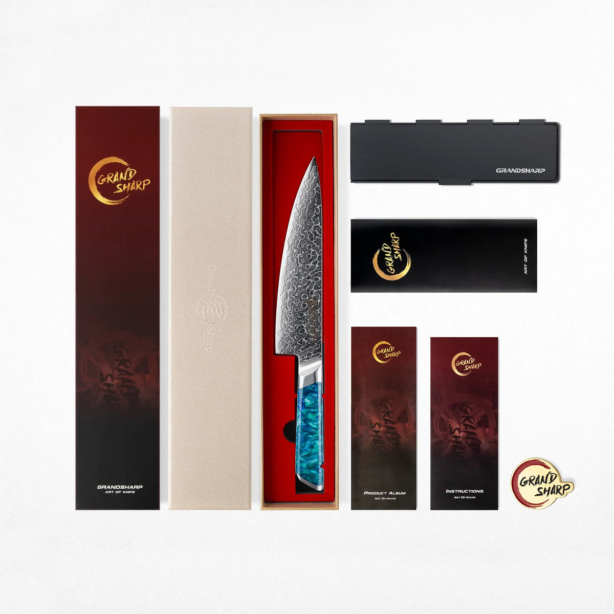 Grand Sharp damascus chef knife with blue handle, gift box, sheath, and accessories