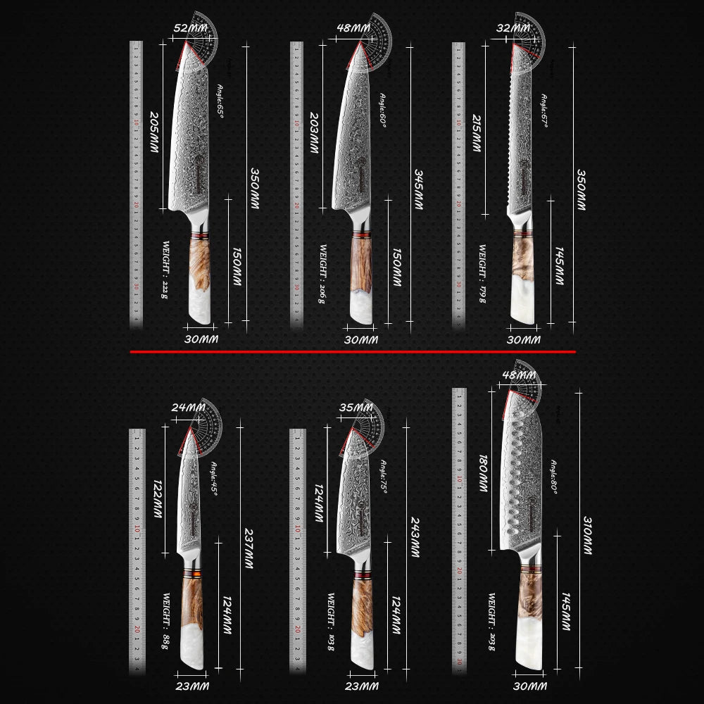 Precision kitchen knives with detailed specs: blade length, angle, weight, and handle dimensions shown for each.