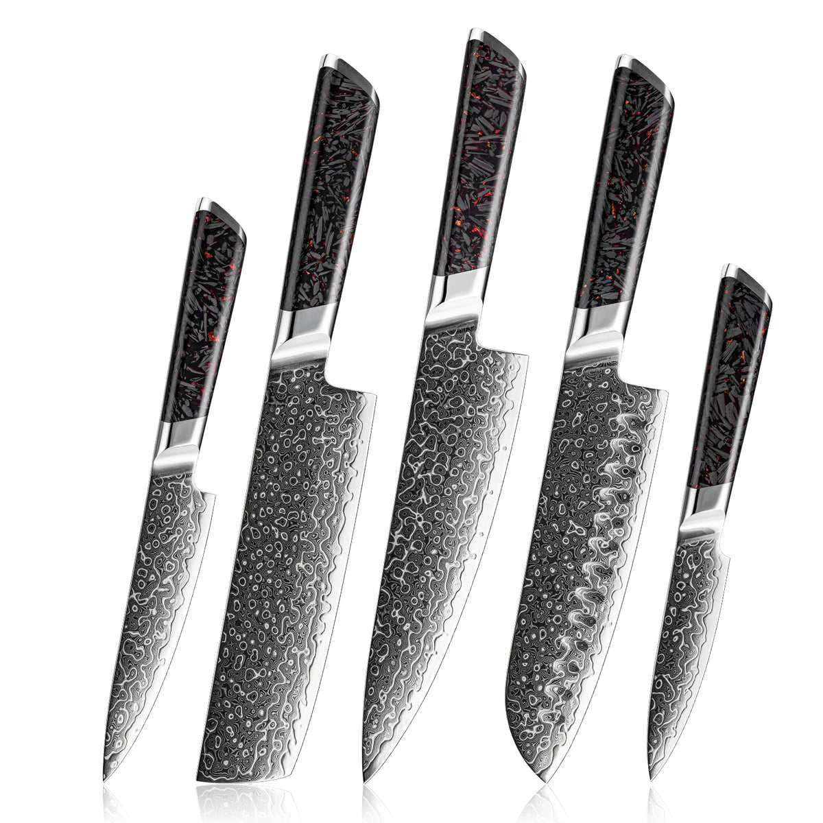Set of five Damascus steel kitchen knives with black and red textured handles, sharp blades for precise cutting.