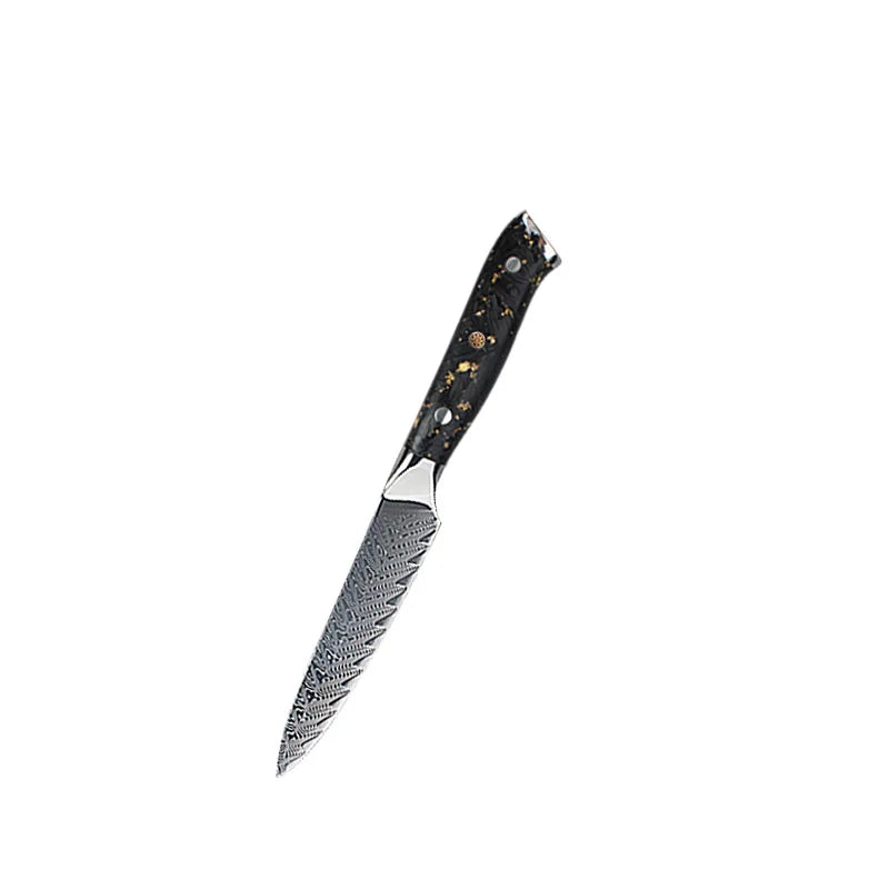 Damascus steel kitchen knife with black and gold speckled handle, precision crafted for sharp, balanced cutting.