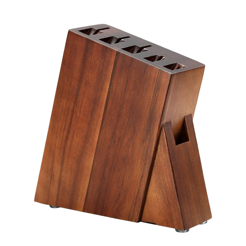 Wooden knife block with slots for kitchen knives, sleek design for countertop storage