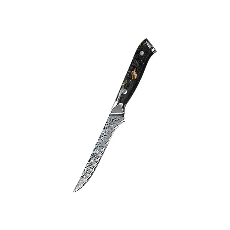 Damascus steel kitchen knife with black resin handle, precision blade for slicing and prep