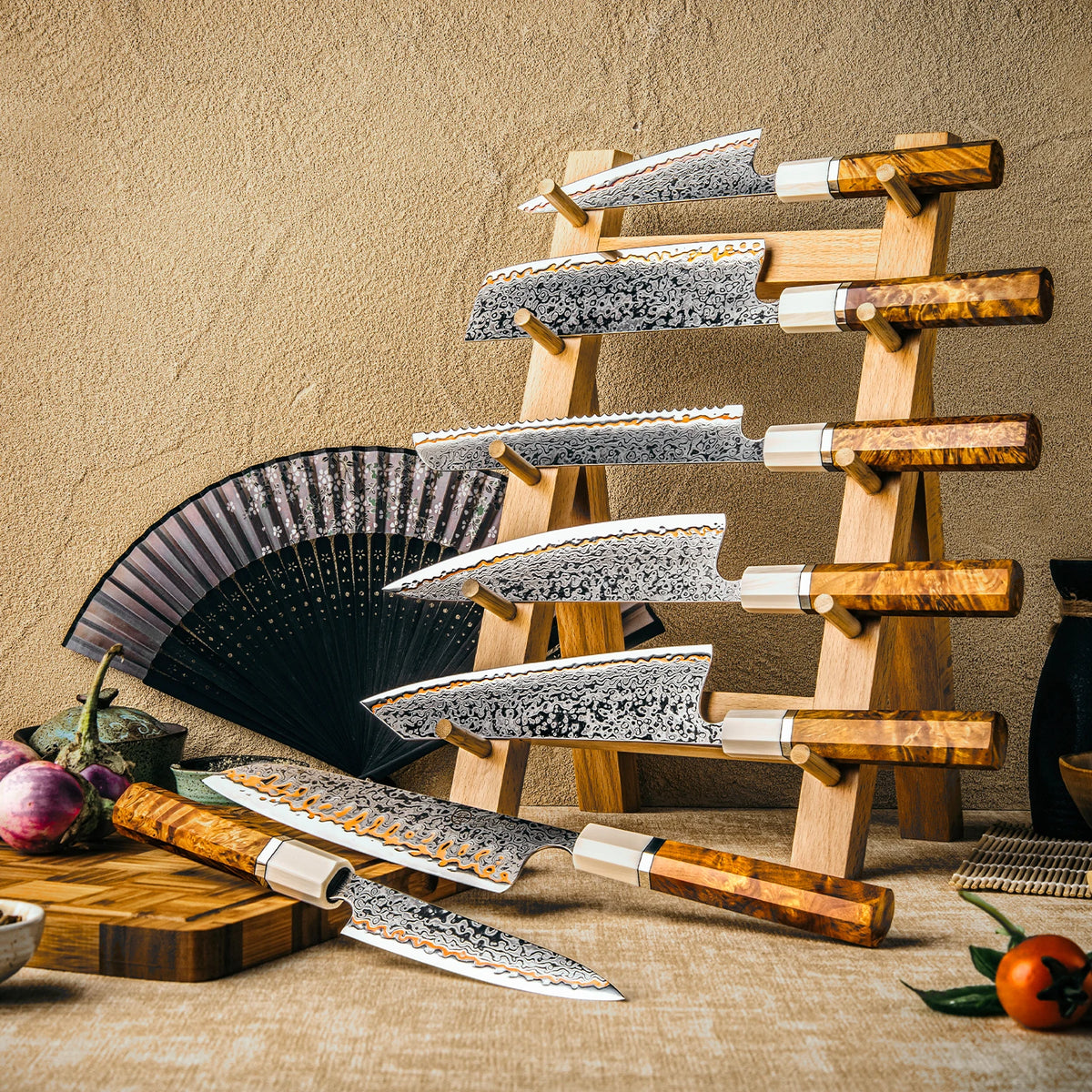 Damascus steel kitchen knives with wooden handles on display stand, sharp blades for precise cutting