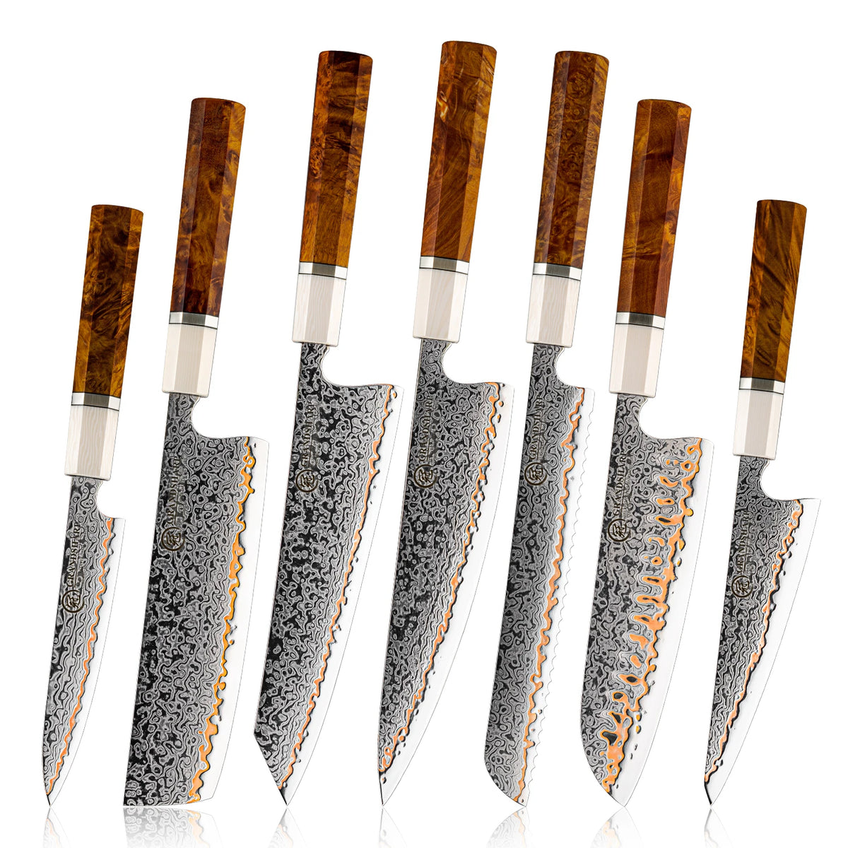 Damascus steel kitchen knives with wooden handles, precision crafted for sharp, balanced cutting performance.