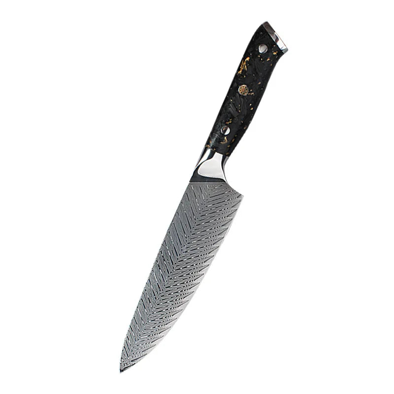 Damascus steel chef knife with black and gold handle, precision kitchen blade