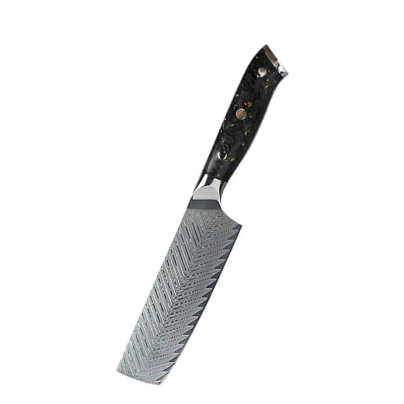 Damascus steel chef knife with black speckled handle, precision kitchen blade for slicing and chopping