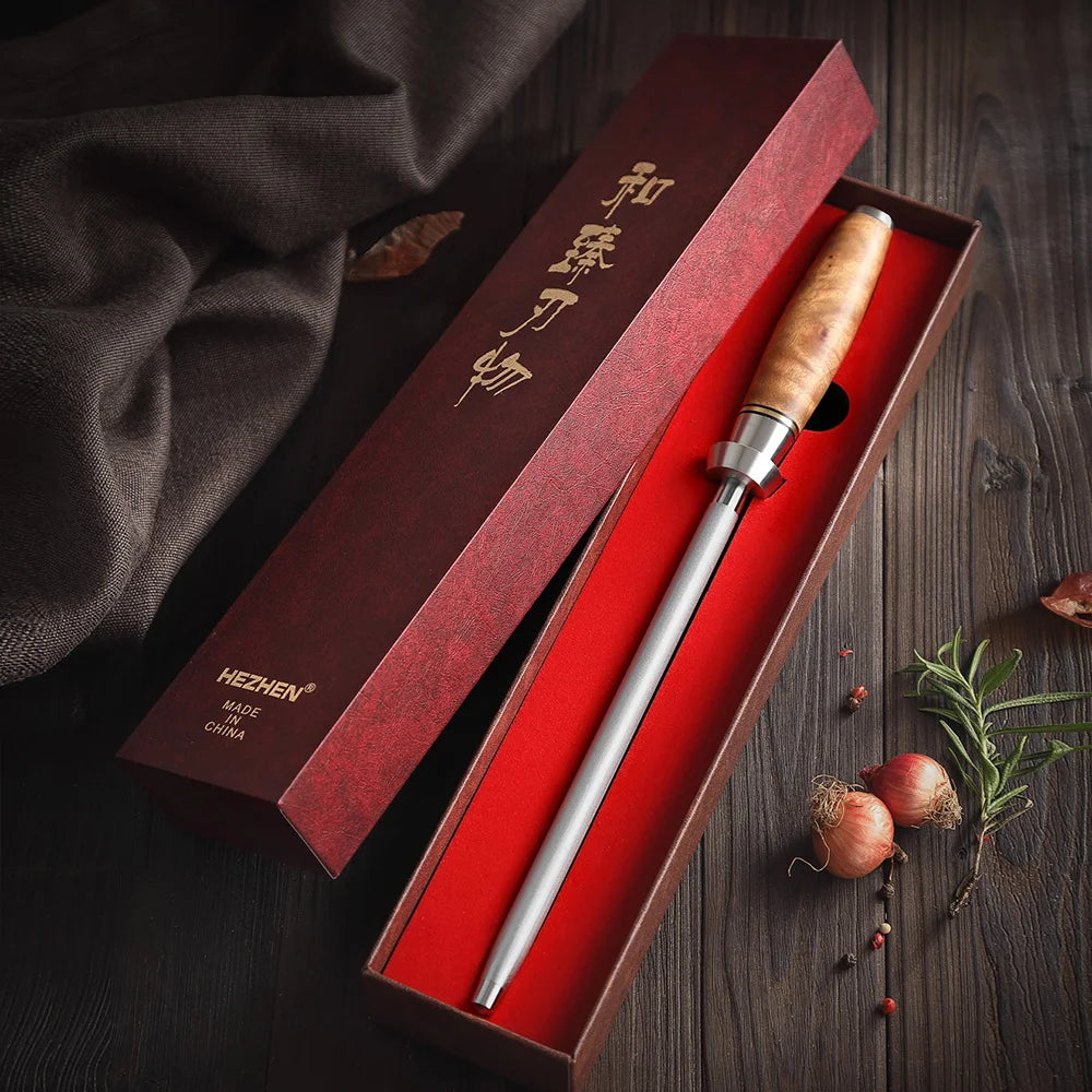 Wood-handled knife sharpener in red gift box with HEZHEN branding, ideal for kitchen knife maintenance