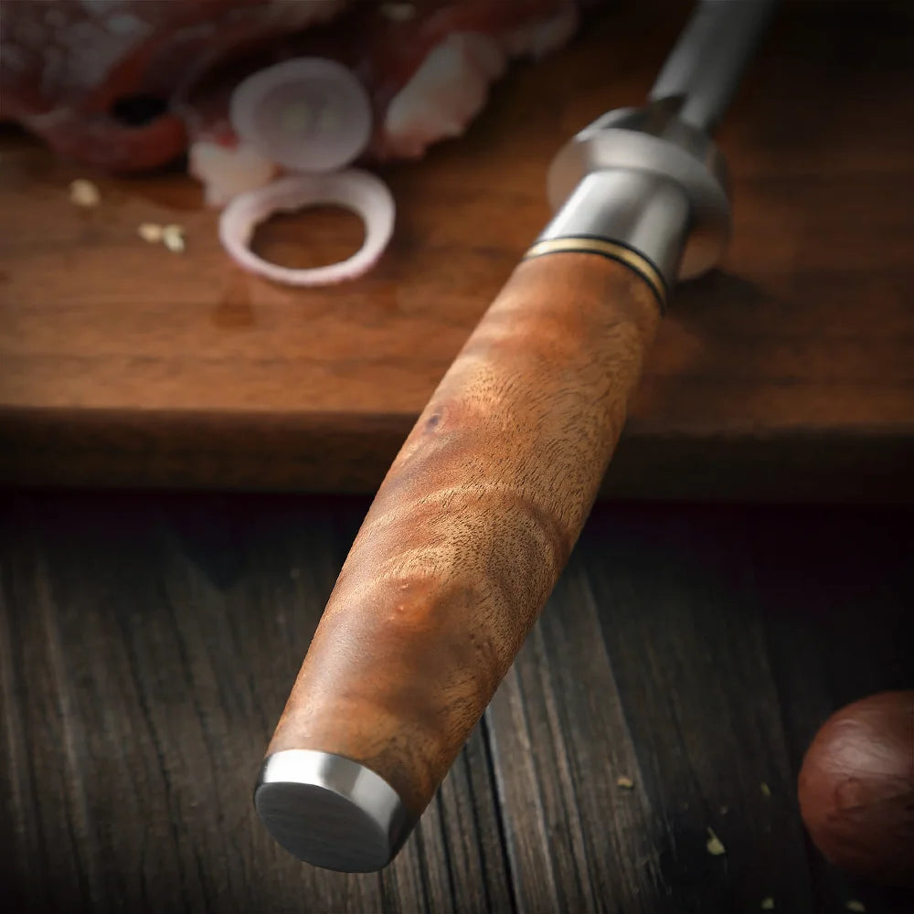 Precision kitchen knife with ergonomic wood handle and stainless steel bolster on cutting board