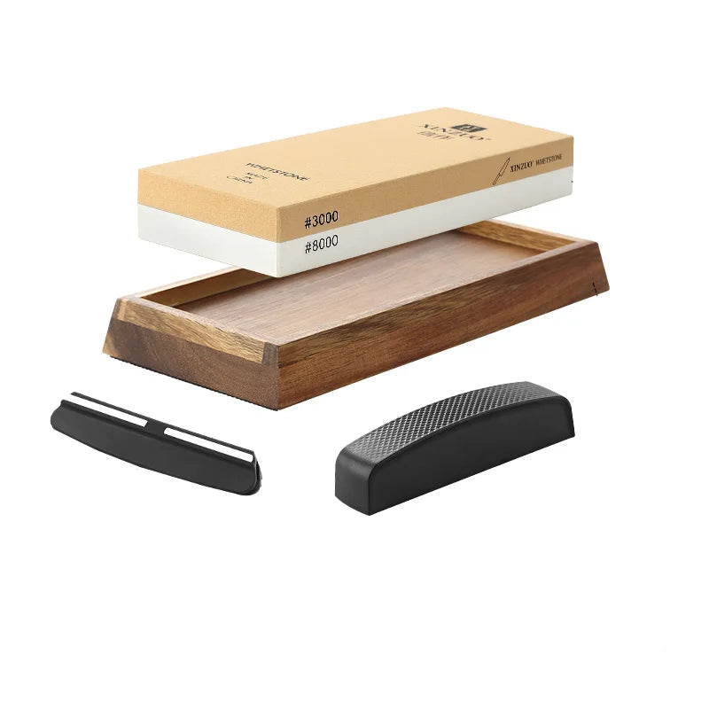 Dual grit whetstone sharpener with wooden base and angle guides for precision knife sharpening