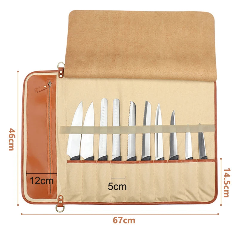 Portable knife roll with 10 slots, 67cm x 46cm, tan canvas & leather trim, holds kitchen knives securely