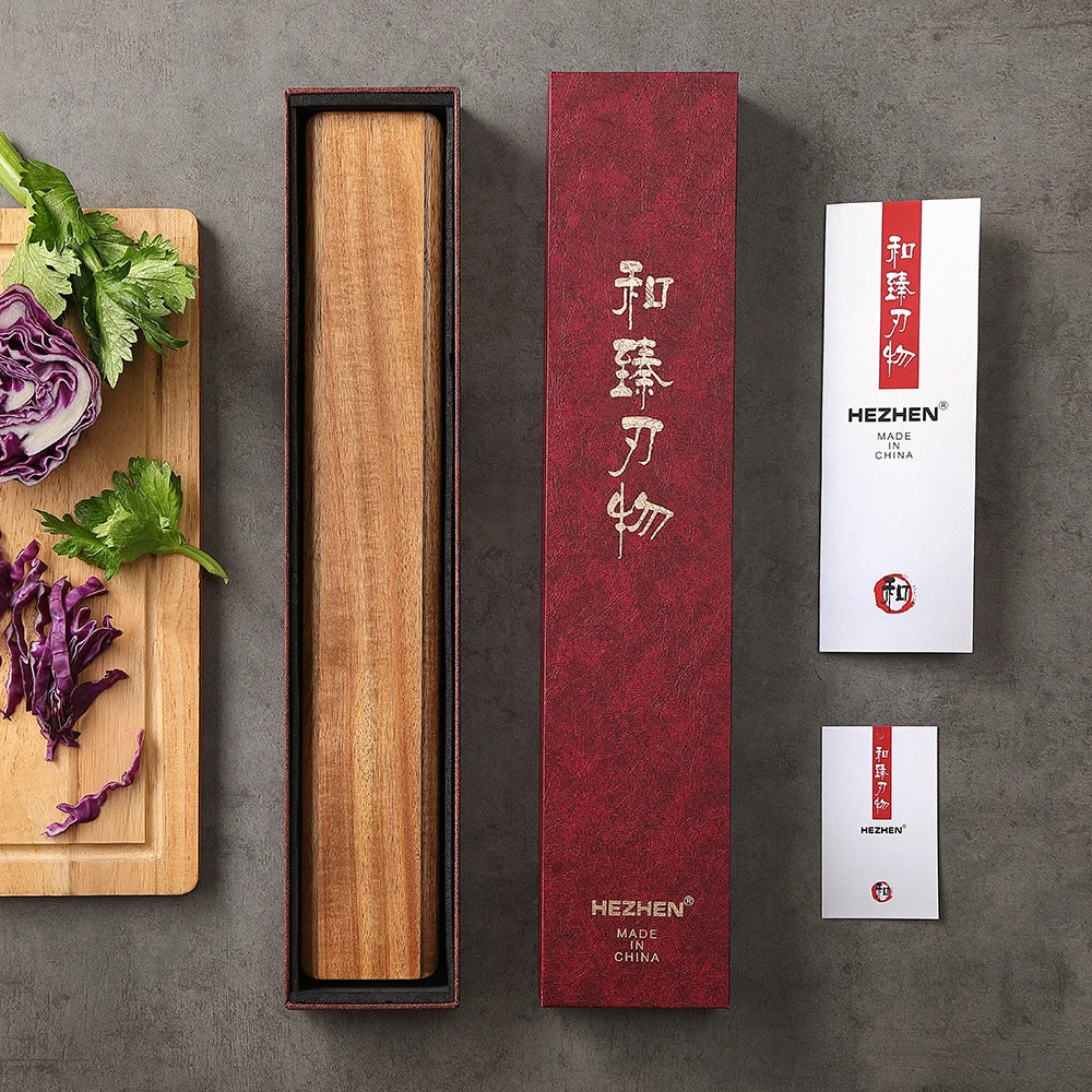 HEZHEN wooden knife block with red packaging, shredded cabbage on cutting board, kitchen essentials