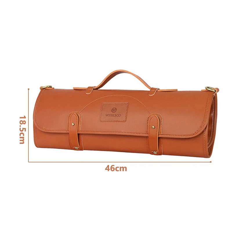 Tan leather knife roll case, 46cm x 18.5cm, with handle and buckle straps for kitchen knife storage