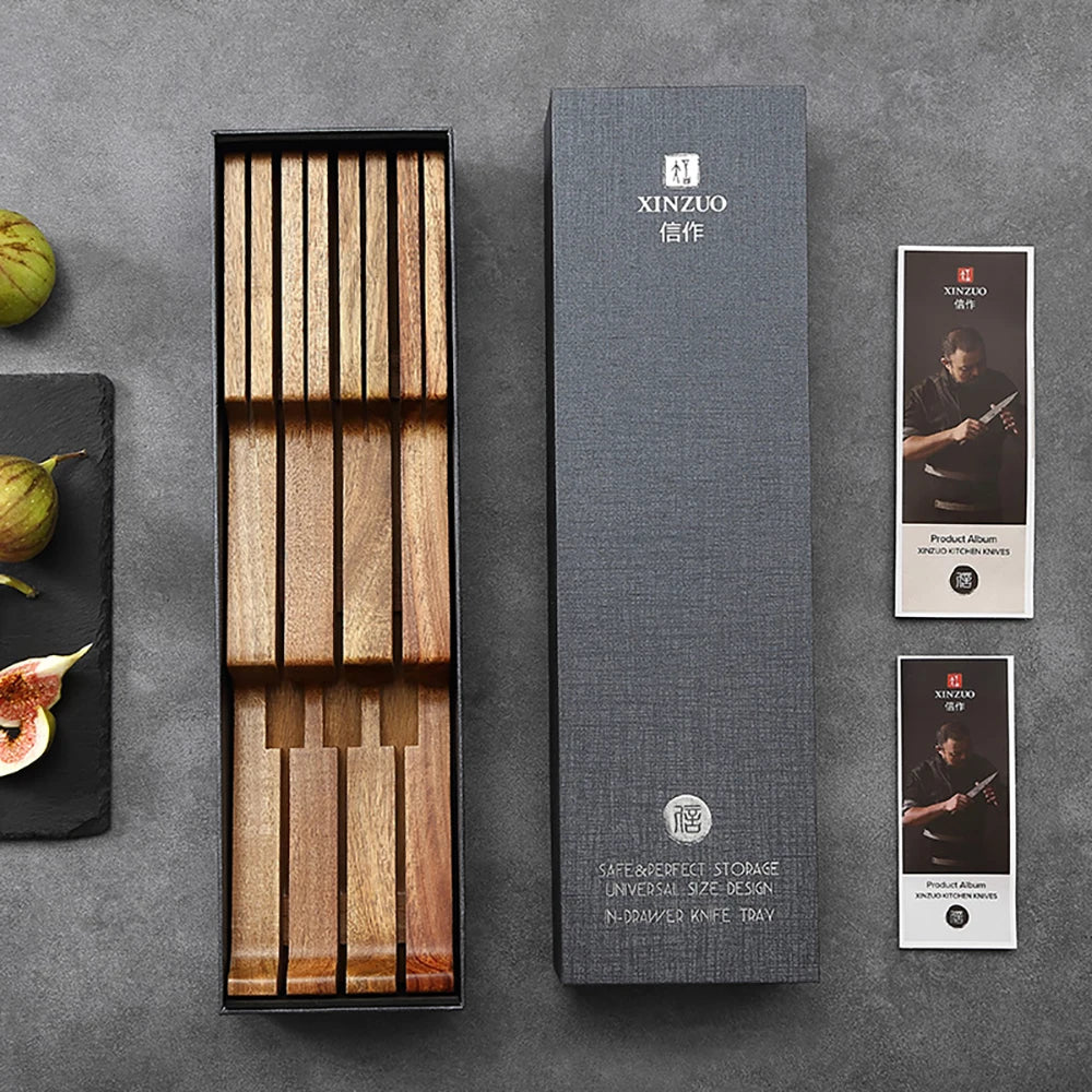 XINZUO wooden knife storage tray with universal slots, safe drawer organizer for kitchen knives