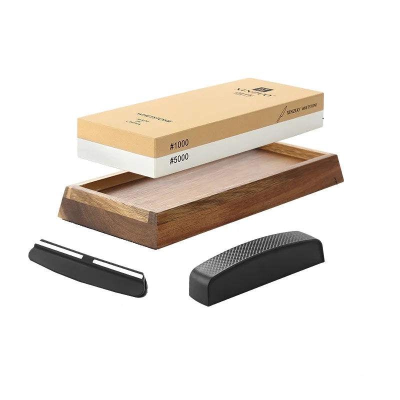 Dual grit whetstone sharpener with wooden base and angle guides for kitchen knives