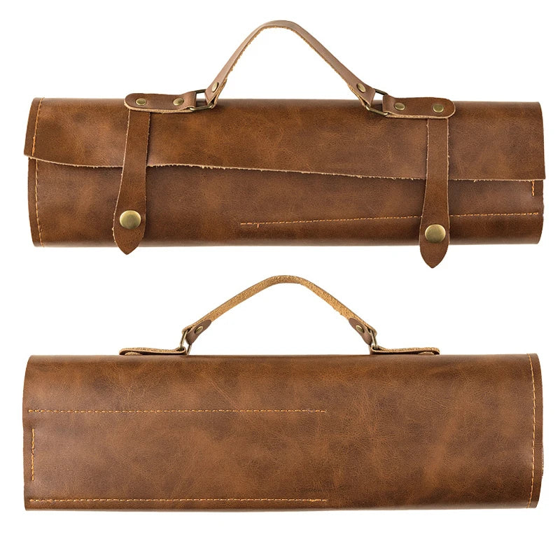 Brown leather knife roll with handle and brass hardware, ideal for kitchen knife storage and transport
