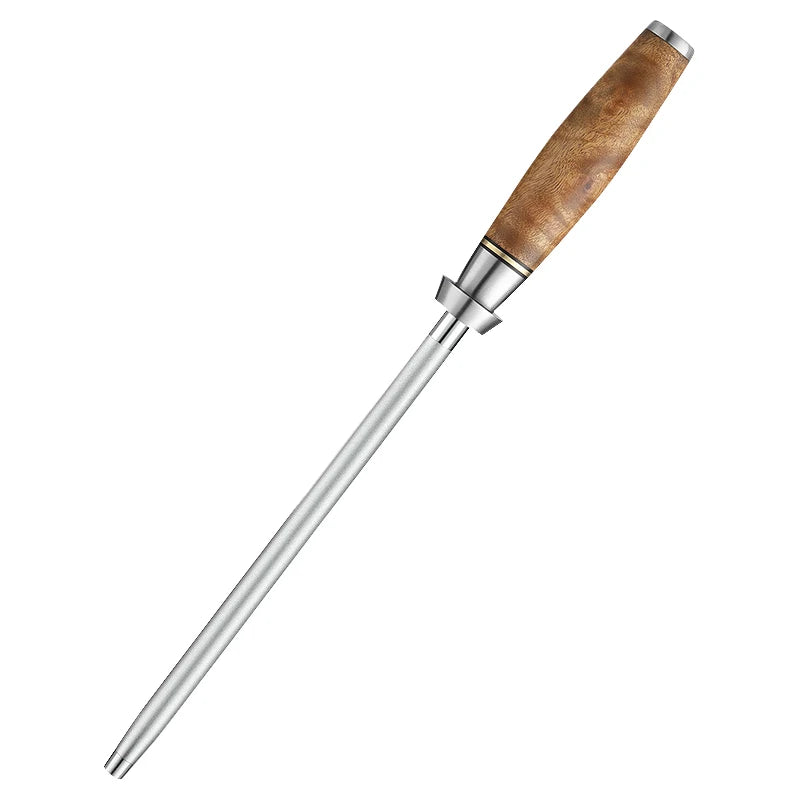 Wood-handled knife sharpener with stainless steel rod for kitchen knives
