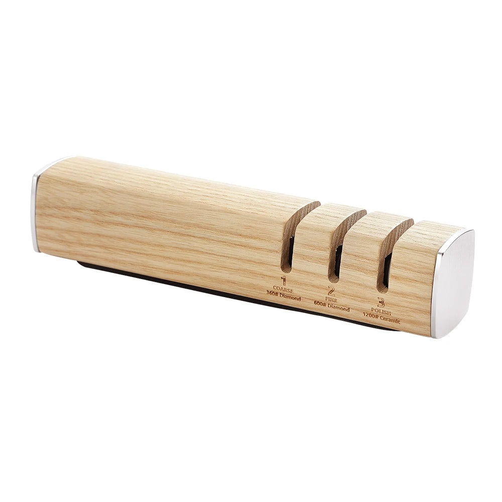 Wooden 3-stage knife sharpener with coarse, fine, and polish slots for kitchen knives